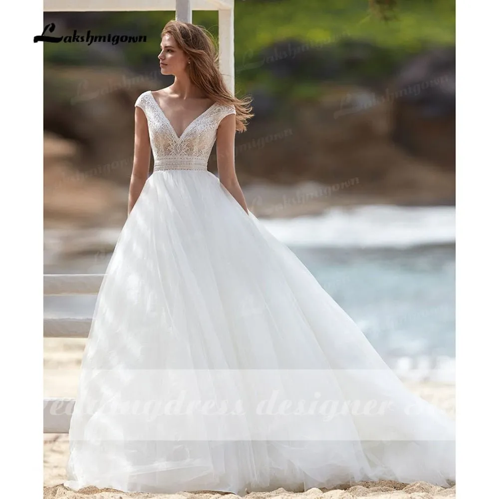 NumberSea 2022 vestido Boho Wedding Dresses A-line Lace Bodice Off-white Tulle Beach Bridal Gown V-neck Cap Sleeves robe femme mariages