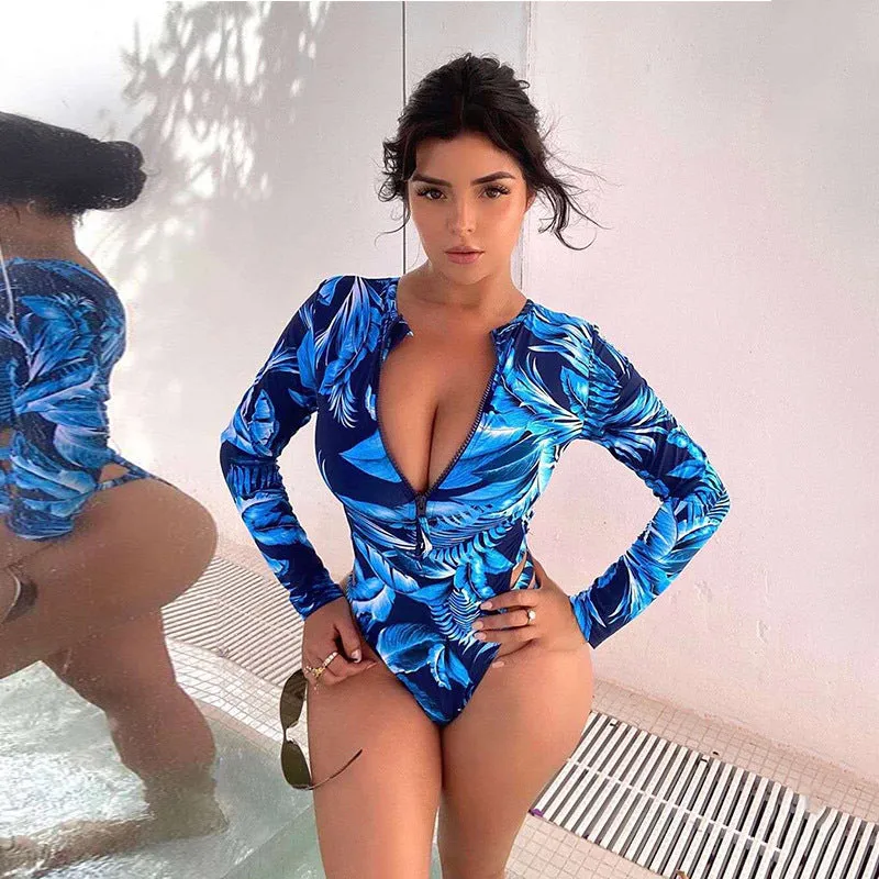 One Piece Swimsuit 2021 Rashguard Sexy Long Sleeve Surf Swimwear Women