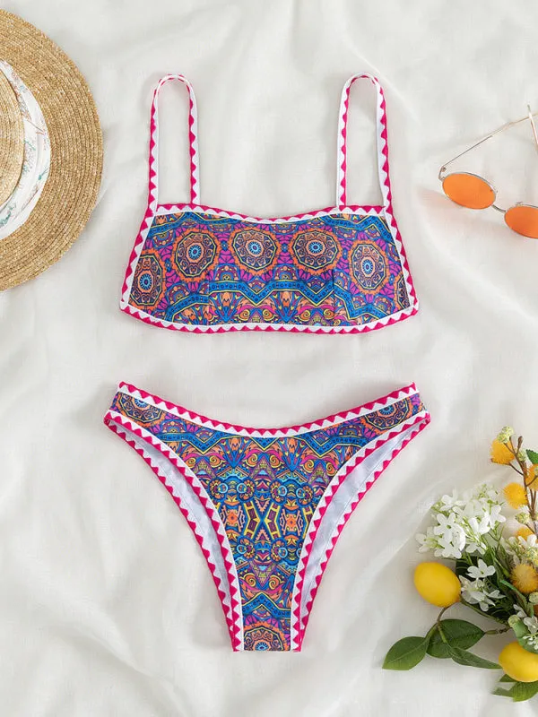 Paisley Print 2 Piece Swimwear - Wireless Backless Top & Bikini