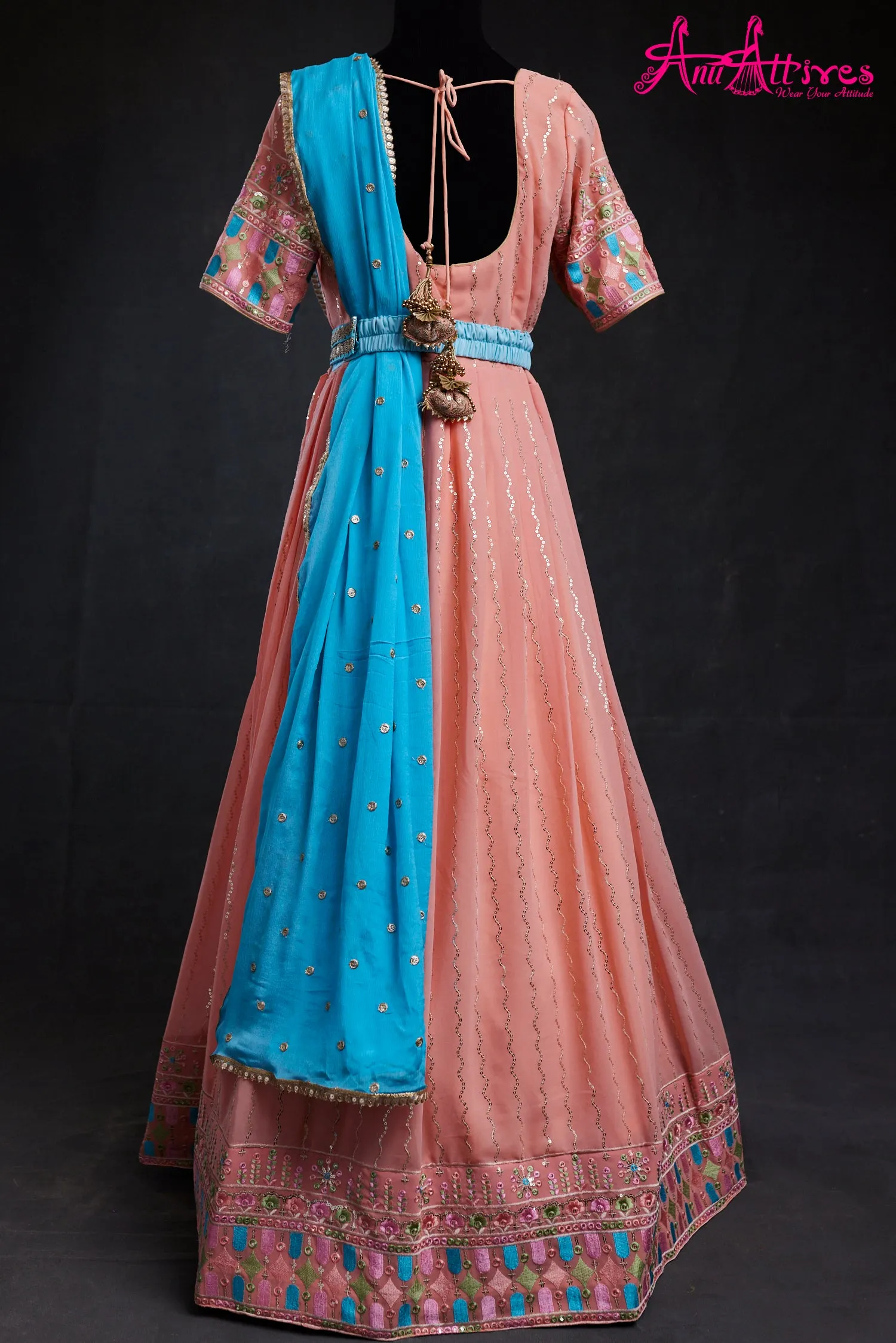 Peach and Blue Georgette Gown with all over Sequence and belt