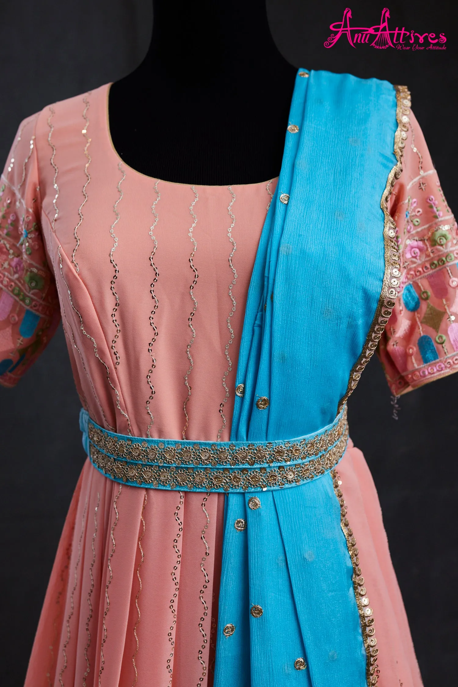 Peach and Blue Georgette Gown with all over Sequence and belt