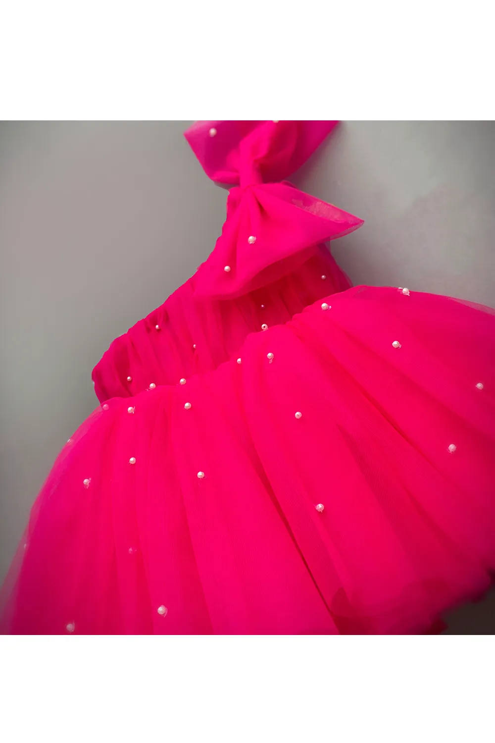 Pearls embroidered one shoulder bow dress