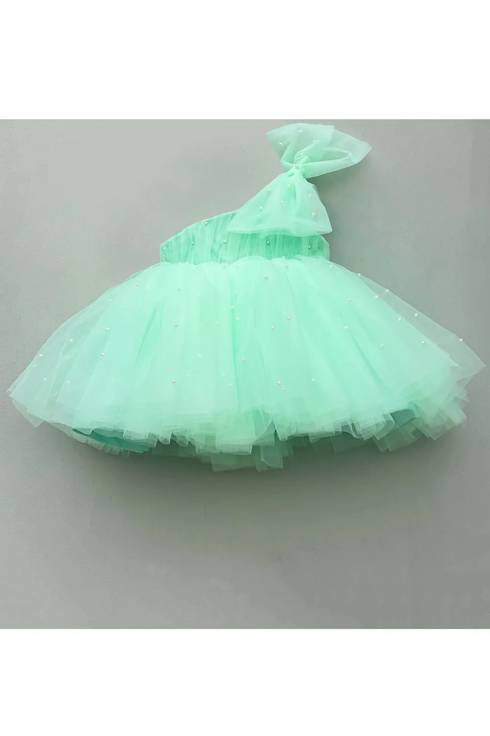 Pearls embroidered one shoulder bow dress