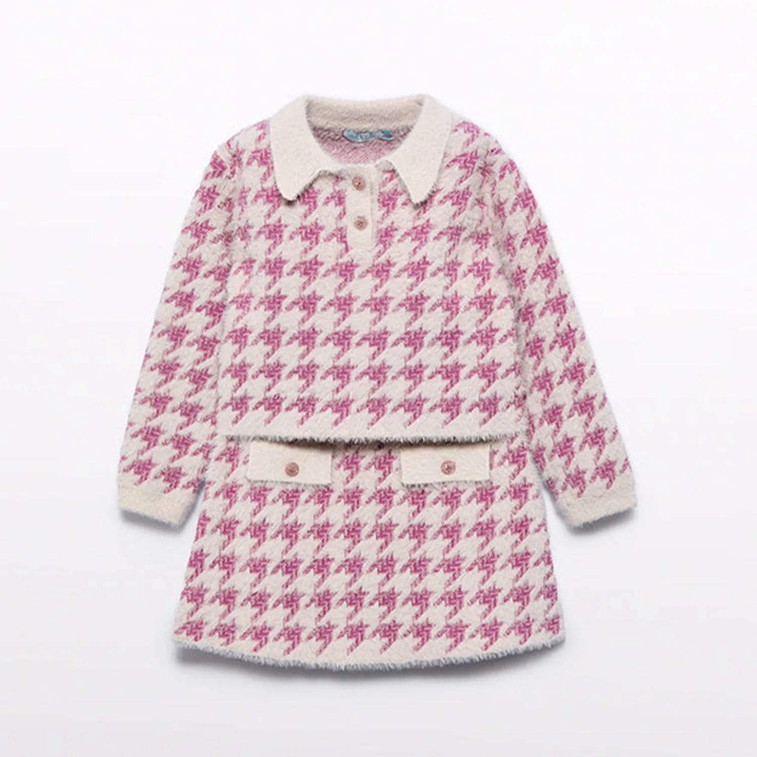 Pink Houndstooth Knit Set