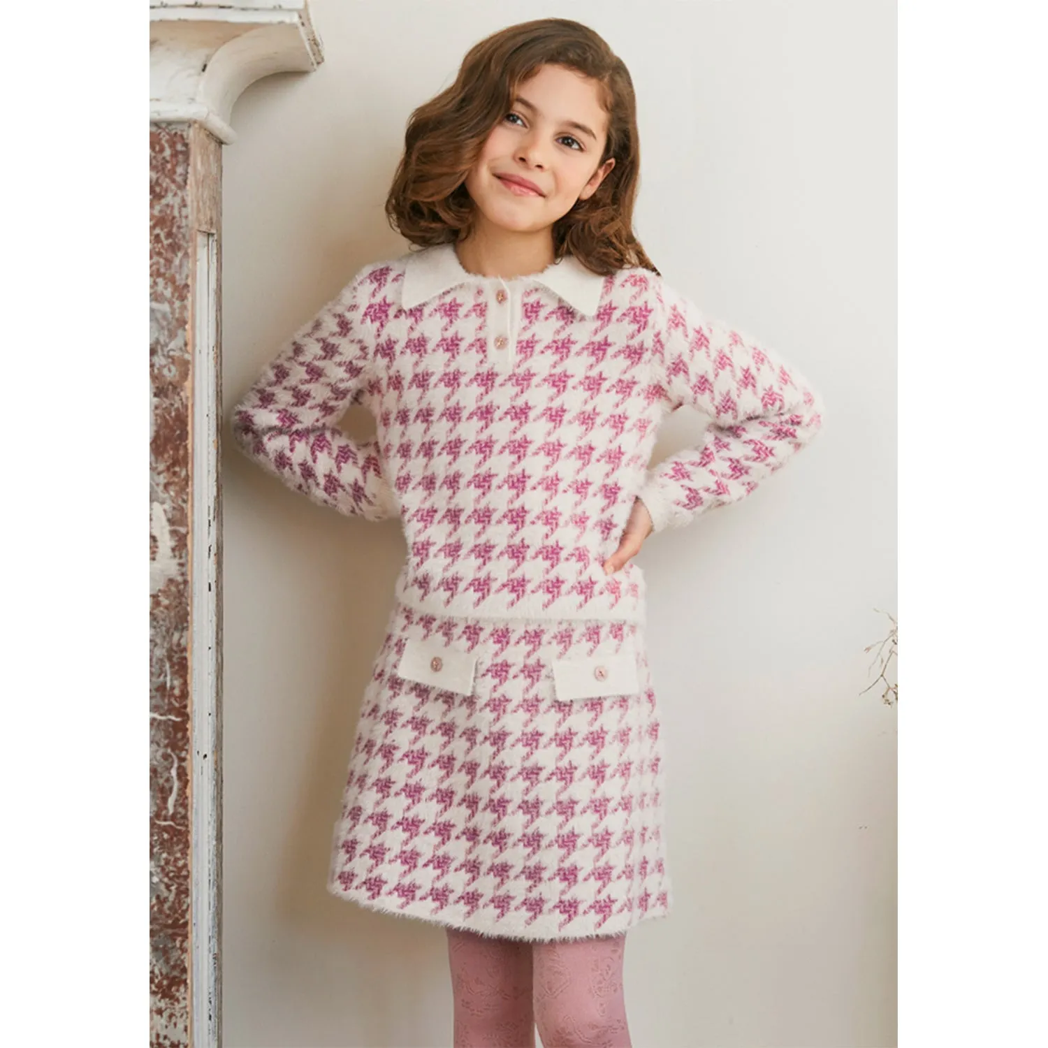 Pink Houndstooth Knit Set
