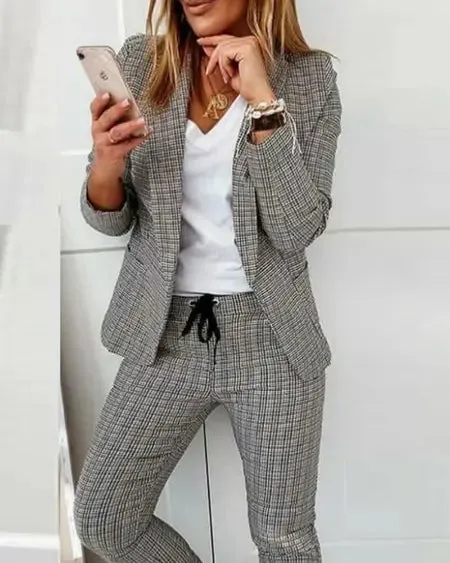 Plaid Blazer & Drawstring Pants Combo
