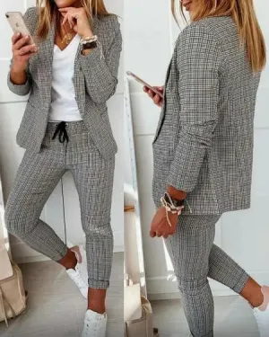 Plaid Blazer & Drawstring Pants Combo