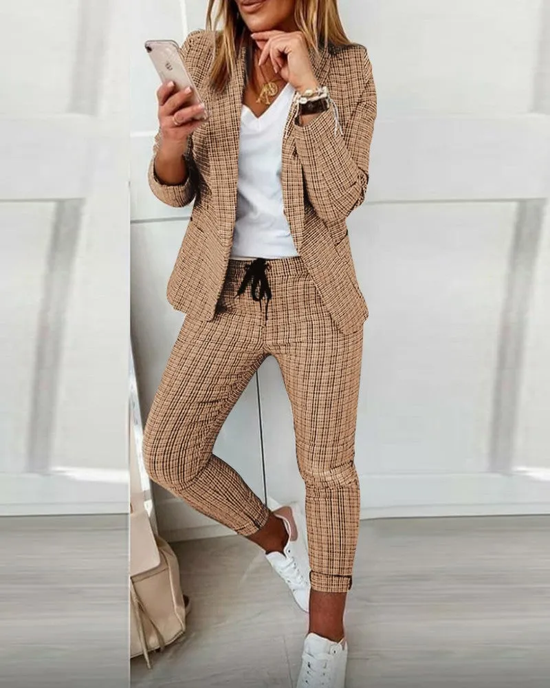 Plaid Print Blazer Coat & Drawstring Pants Set