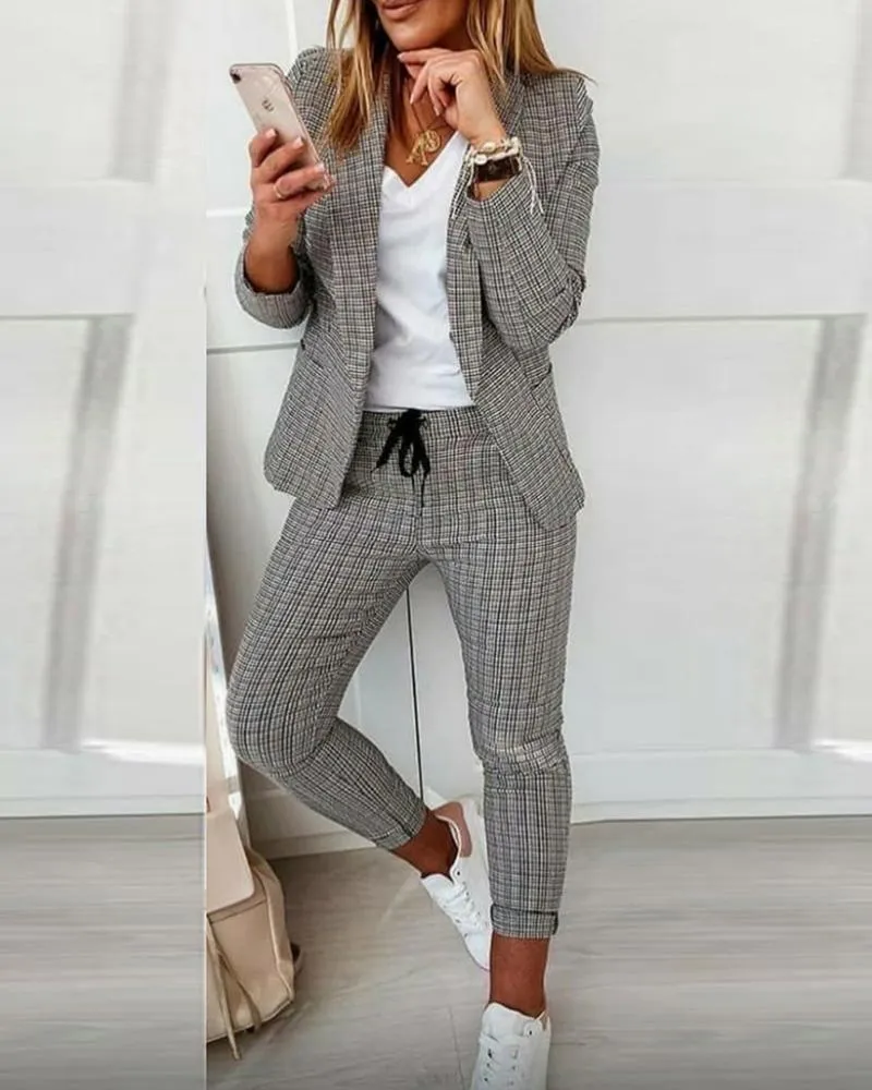 Plaid Print Blazer Coat & Drawstring Pants Set