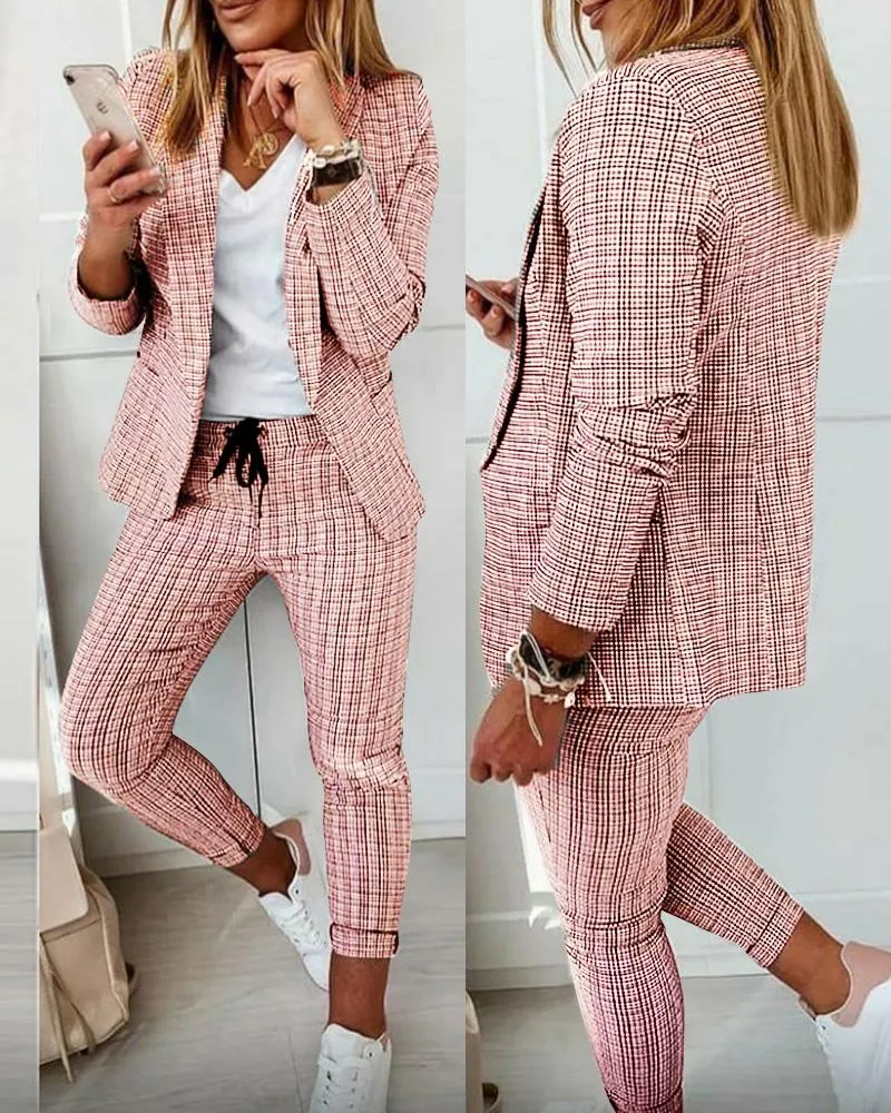Plaid Print Blazer Coat & Drawstring Pants Set