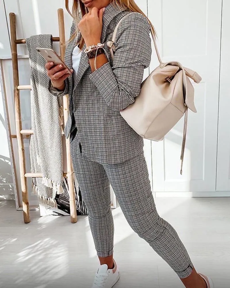 Plaid Print Blazer Coat & Drawstring Pants Set