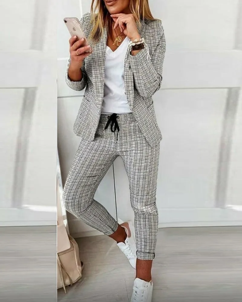 Plaid Print Blazer Coat & Drawstring Pants Set
