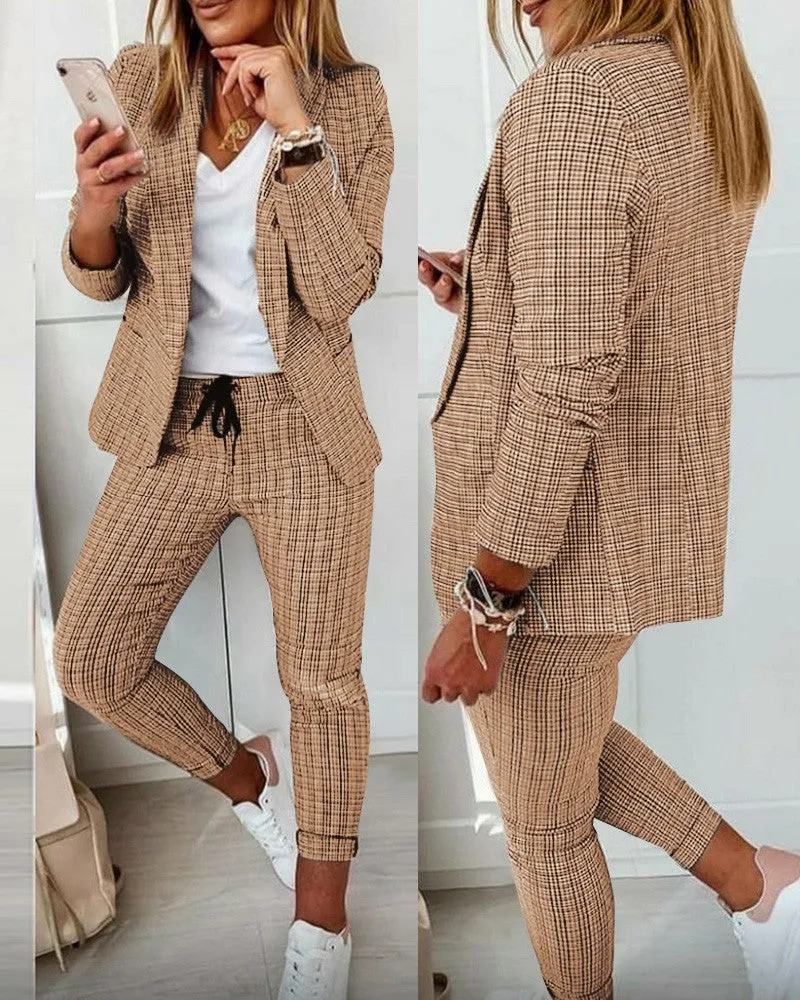 Plaid Print Blazer Coat & Drawstring Pants Set