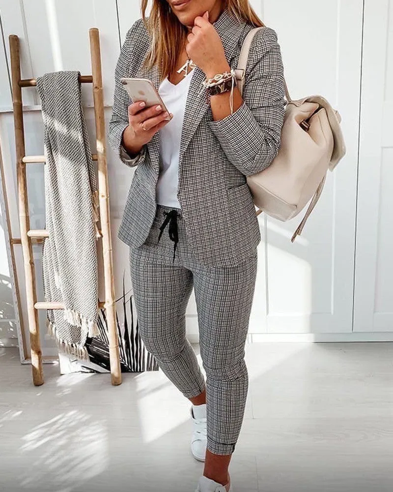 Plaid Print Blazer Coat & Drawstring Pants Set