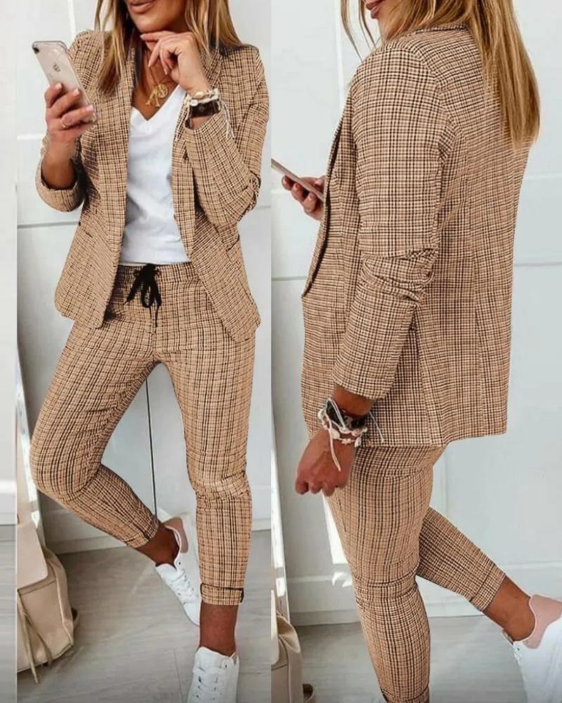 Plaid Print Blazer Coat & Drawstring Pants Set