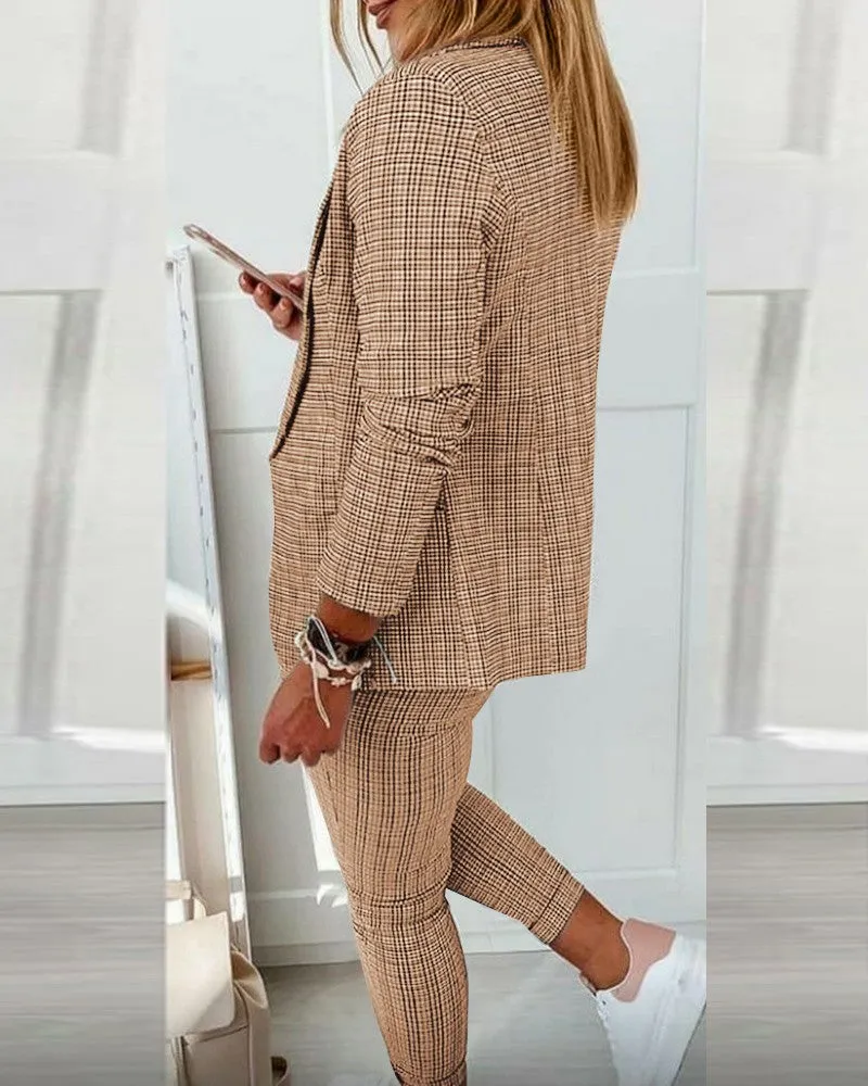 Plaid Print Blazer Coat & Drawstring Pants Set