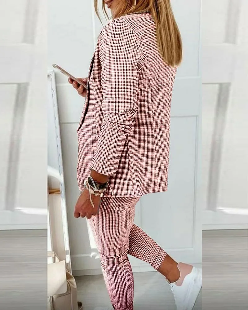 Plaid Print Blazer Coat & Drawstring Pants Set