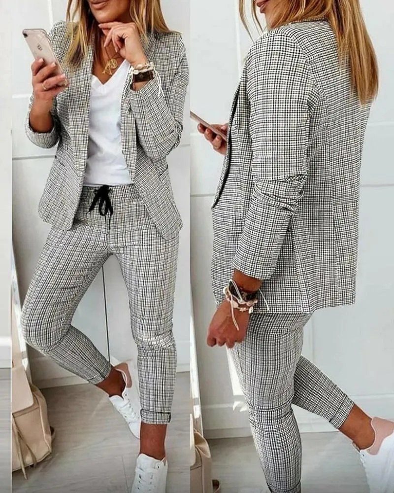 Plaid Print Blazer Coat & Drawstring Pants Set