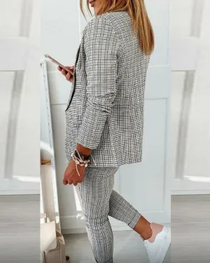 Plaid Print Blazer Coat & Drawstring Pants Set