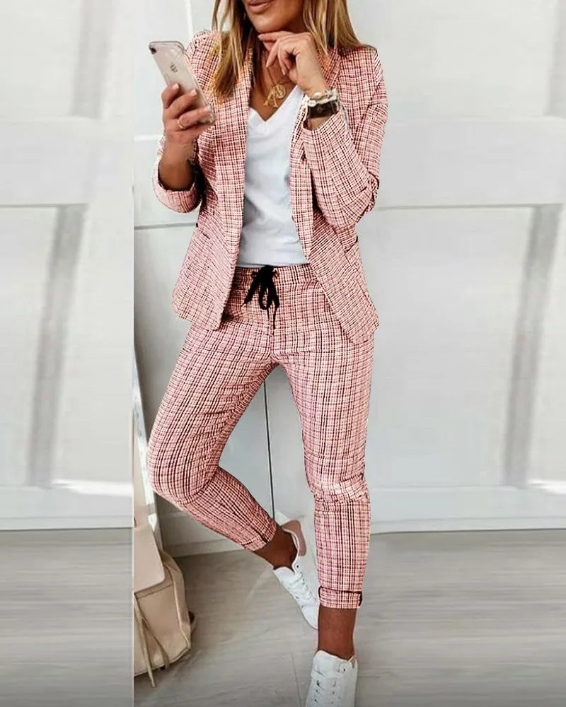 Plaid Print Blazer Coat & Drawstring Pants Set
