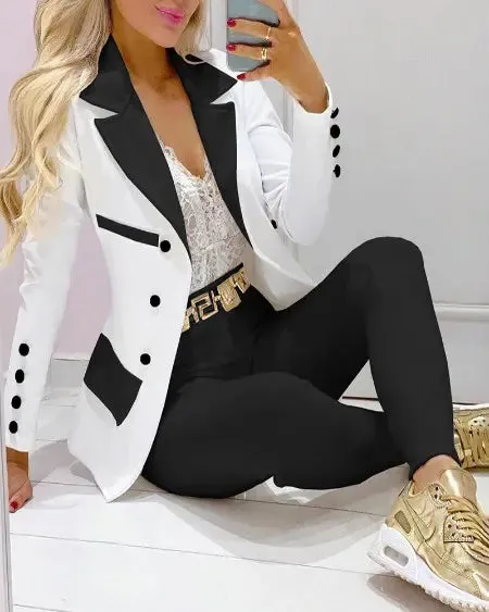 Plain Pants & Double Breasted Blazer Set