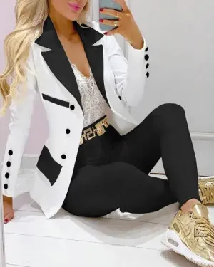 Plain Pants & Double Breasted Blazer Set