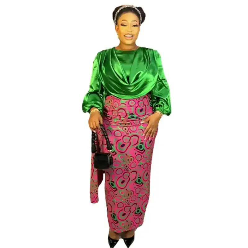 Pleated Solid Color Ruched Satin Long Sleeve Blouse   African Print Maxi Skirt 2-Piece Set to 3X Plus Size