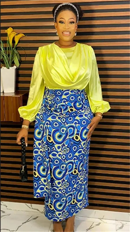 Pleated Solid Color Ruched Satin Long Sleeve Blouse   African Print Maxi Skirt 2-Piece Set to 3X Plus Size
