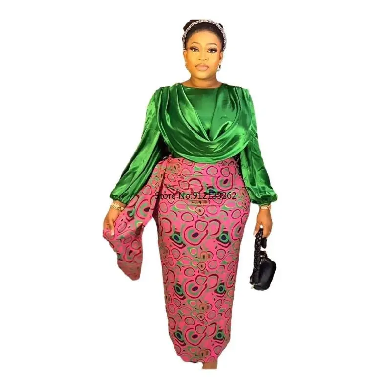Pleated Solid Color Ruched Satin Long Sleeve Blouse   African Print Maxi Skirt 2-Piece Set to 3X Plus Size
