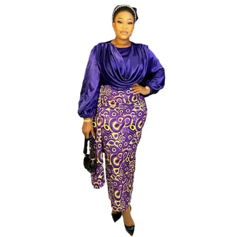 Pleated Solid Color Ruched Satin Long Sleeve Blouse   African Print Maxi Skirt 2-Piece Set to 3X Plus Size