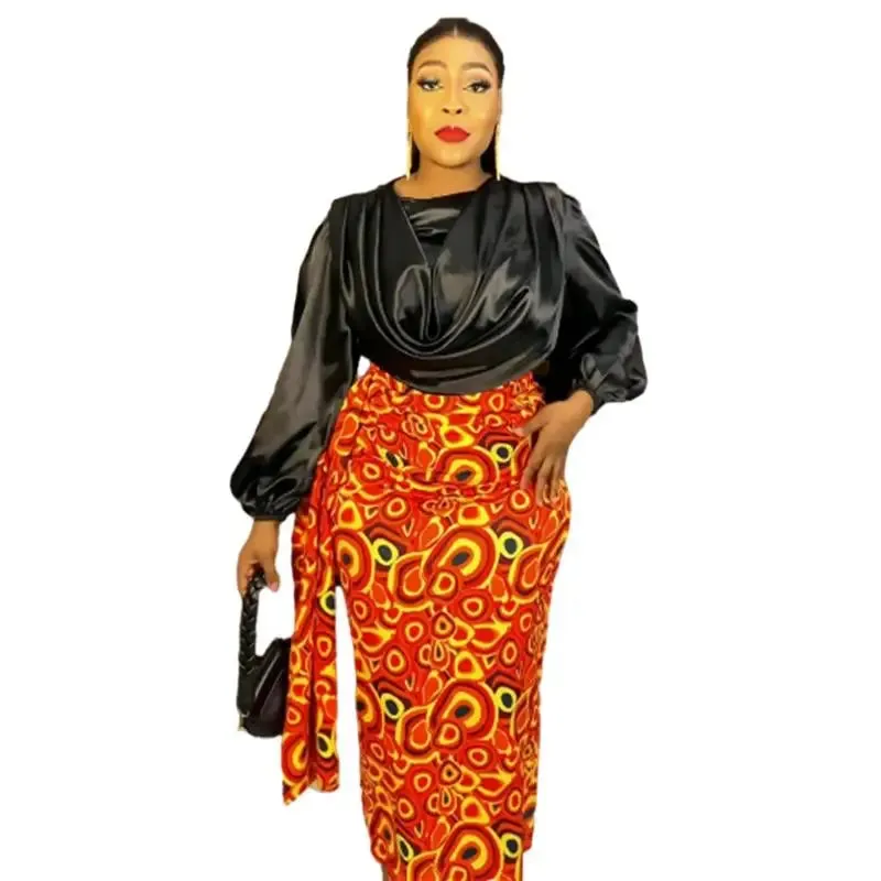 Pleated Solid Color Ruched Satin Long Sleeve Blouse   African Print Maxi Skirt 2-Piece Set to 3X Plus Size