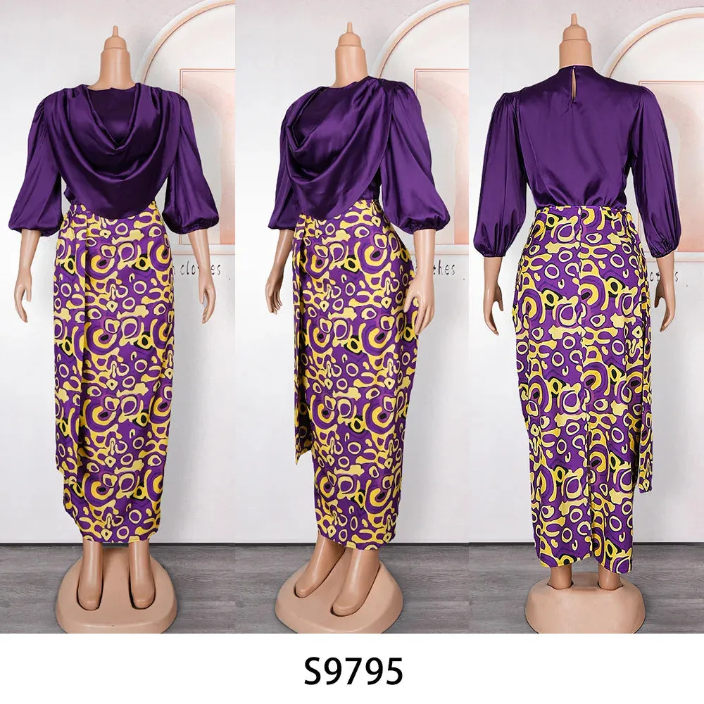 Pleated Solid Color Ruched Satin Long Sleeve Blouse   African Print Maxi Skirt 2-Piece Set to 3X Plus Size
