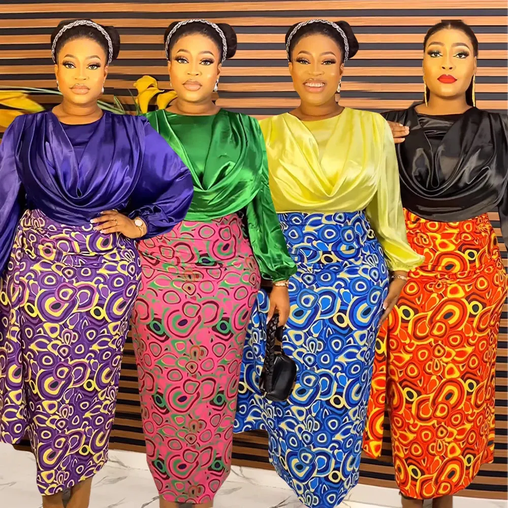 Pleated Solid Color Ruched Satin Long Sleeve Blouse   African Print Maxi Skirt 2-Piece Set to 3X Plus Size