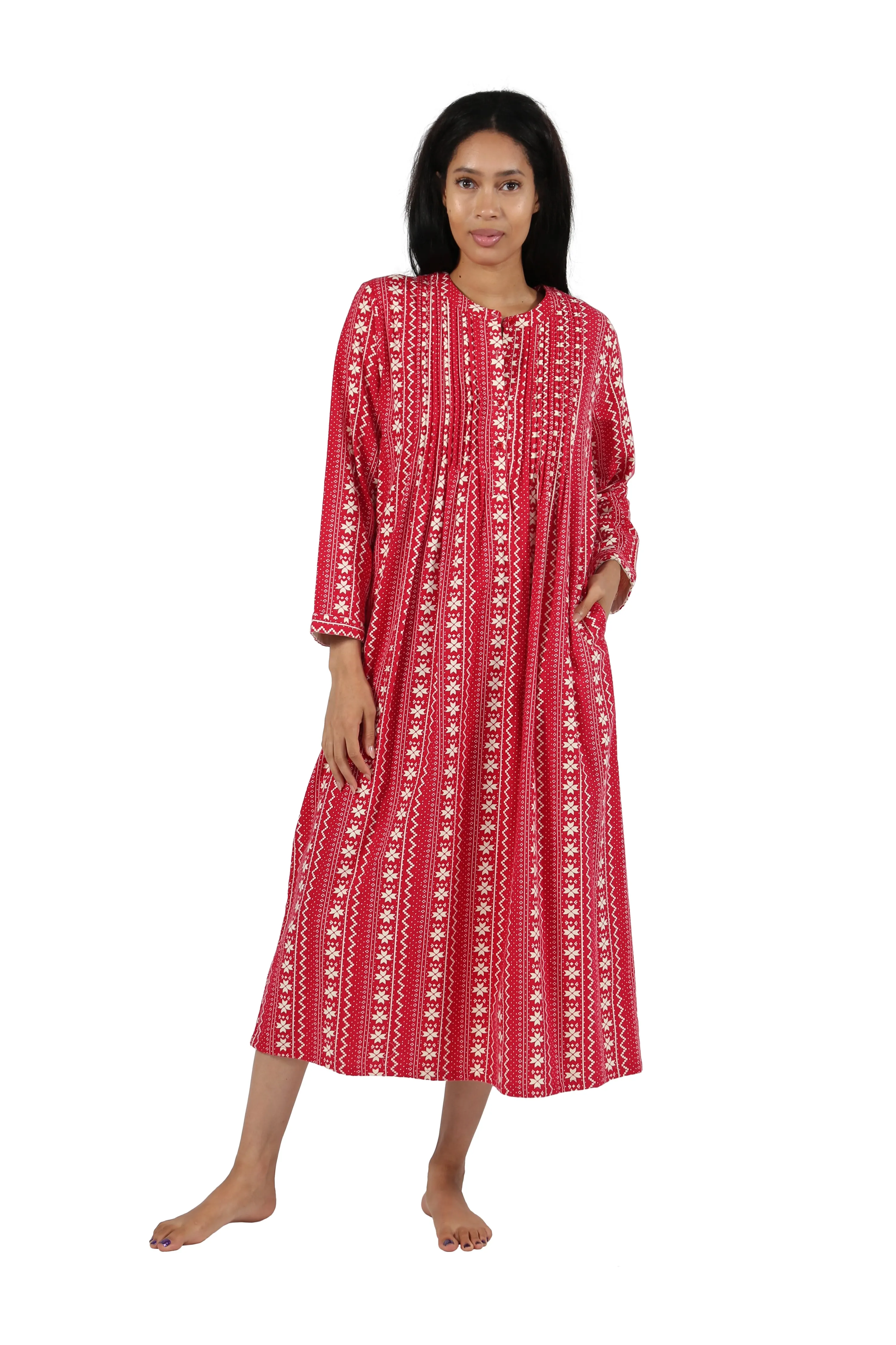 Printed Flannel Nightgown With Release Pleats