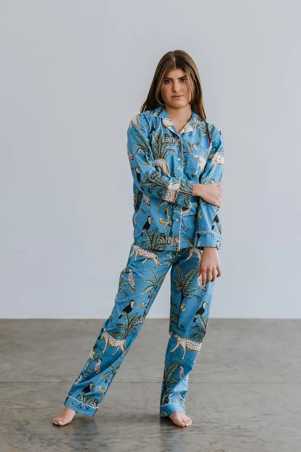 Pyjamas  - Indian Cotton Long Set - Blue Palm & Leopard