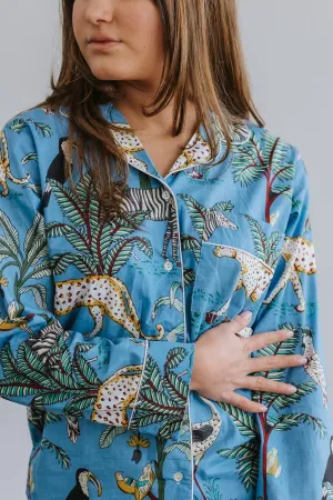 Pyjamas  - Indian Cotton Long Set - Blue Palm & Leopard