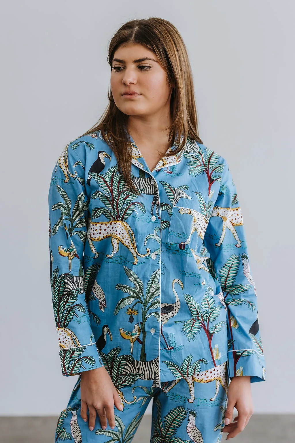 Pyjamas  - Indian Cotton Long Set - Blue Palm & Leopard