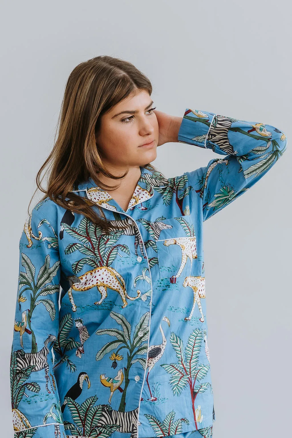 Pyjamas  - Indian Cotton Long Set - Blue Palm & Leopard