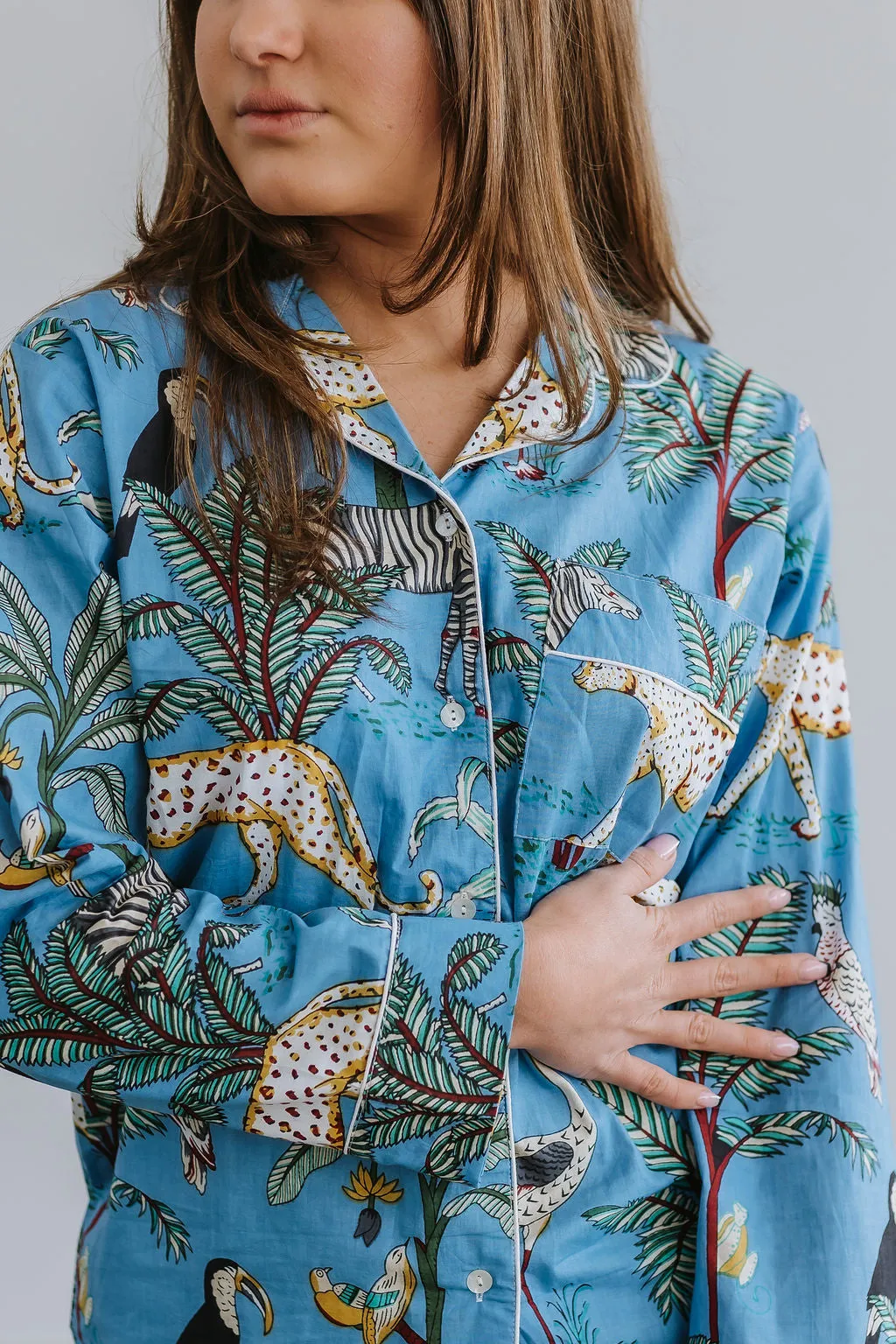 Pyjamas  - Indian Cotton Long Set - Blue Palm & Leopard