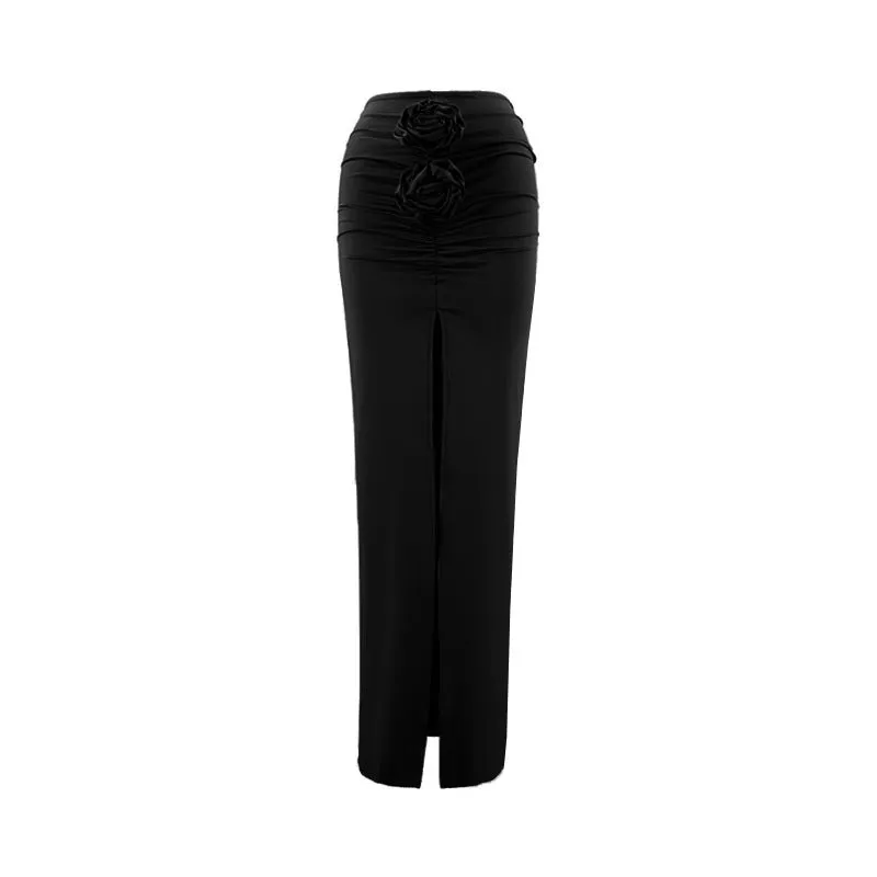 Ruched 3-D Flower Slit Maxi Skirt