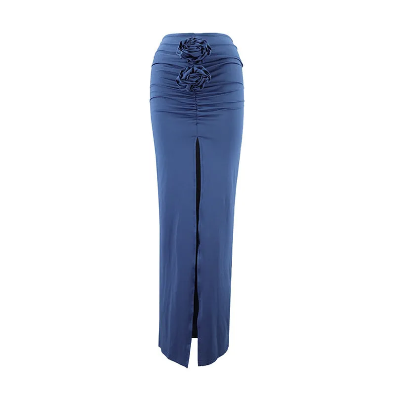 Ruched 3-D Flower Slit Maxi Skirt