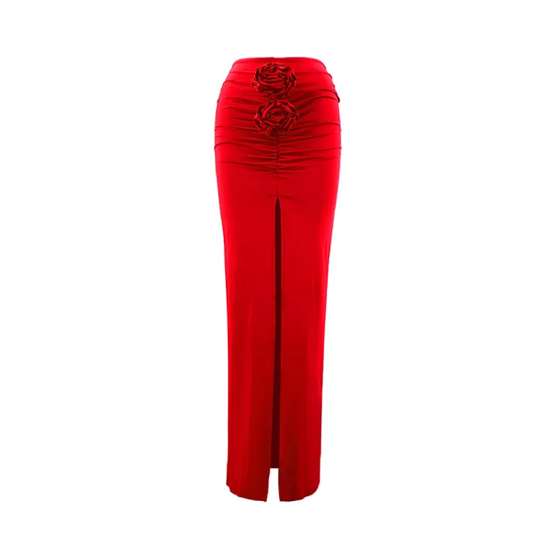 Ruched 3-D Flower Slit Maxi Skirt