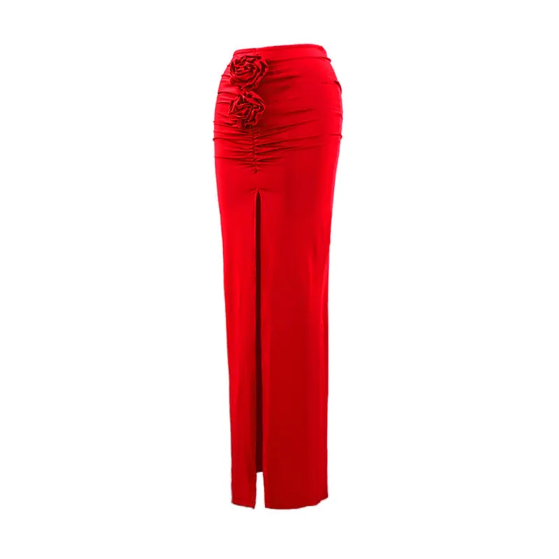 Ruched 3-D Flower Slit Maxi Skirt