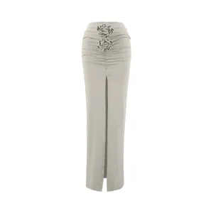 Ruched 3-D Flower Slit Maxi Skirt