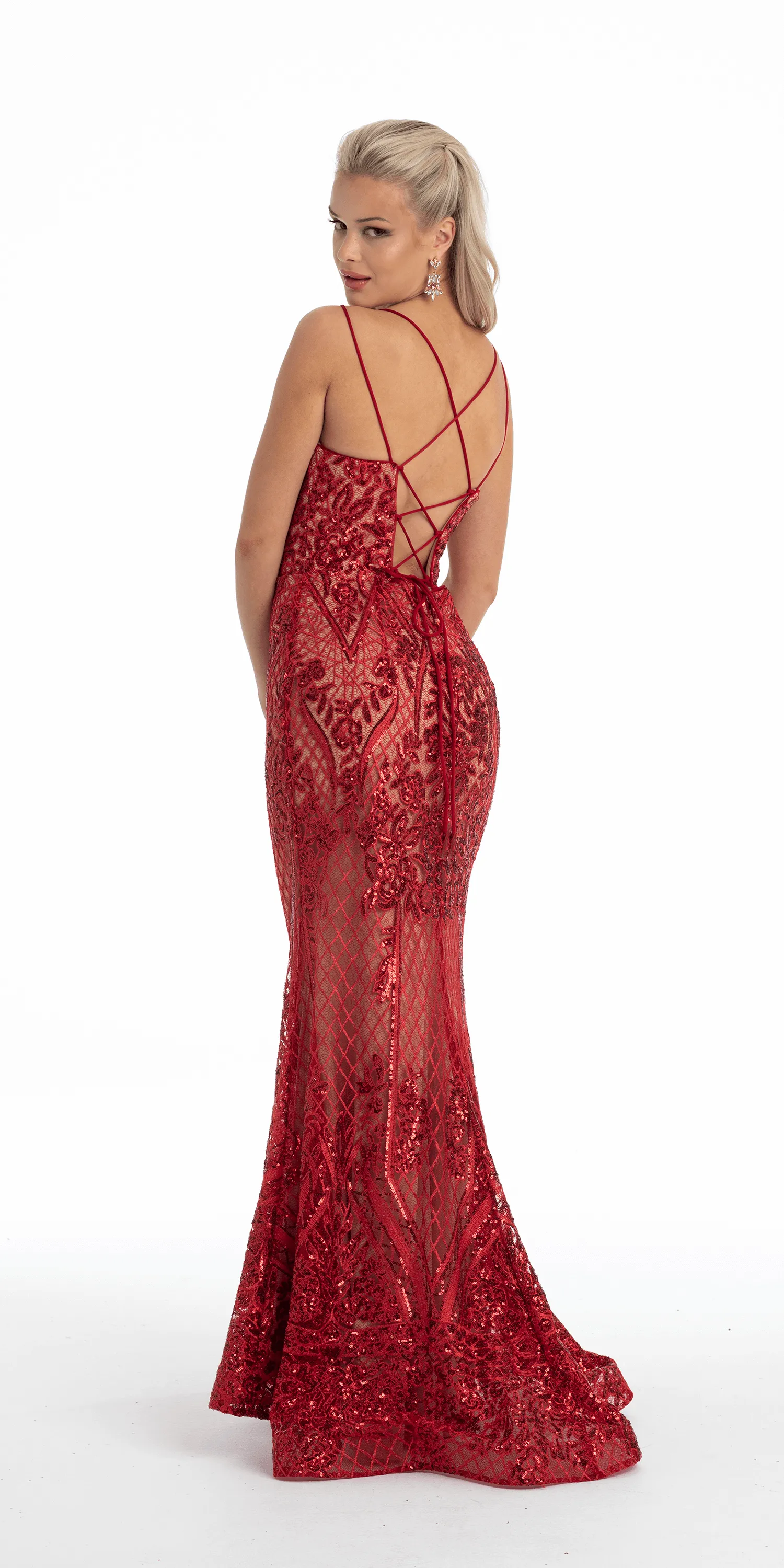 Sequin Embroidered Lace Up Back Mermaid Dress