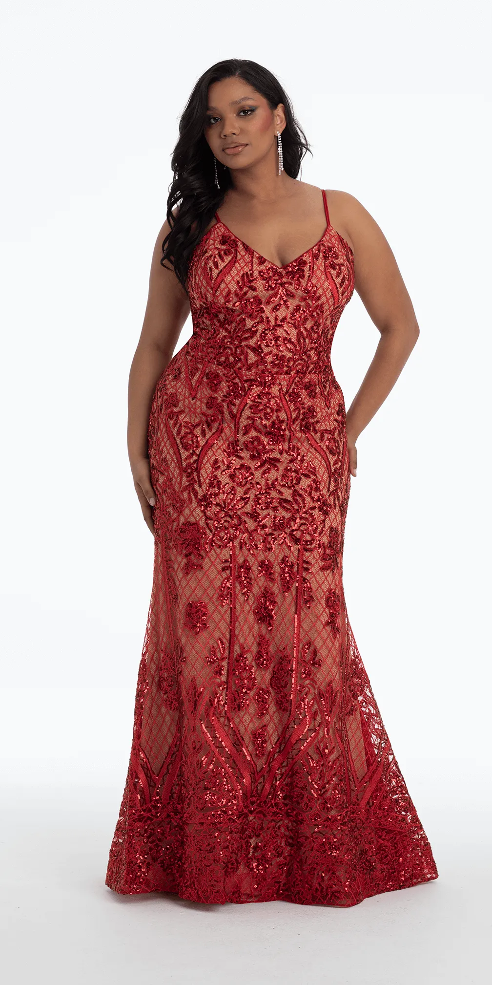 Sequin Embroidered Lace Up Back Mermaid Dress