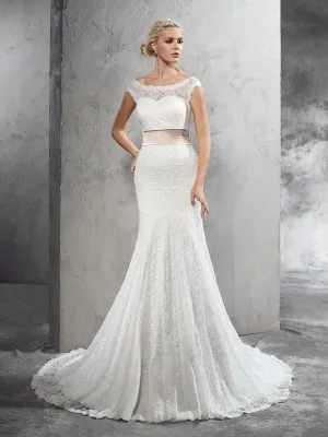 Sheath/Column Sheer Neck Sash/Ribbon/Belt Sleeveless Long Lace Wedding Dresses