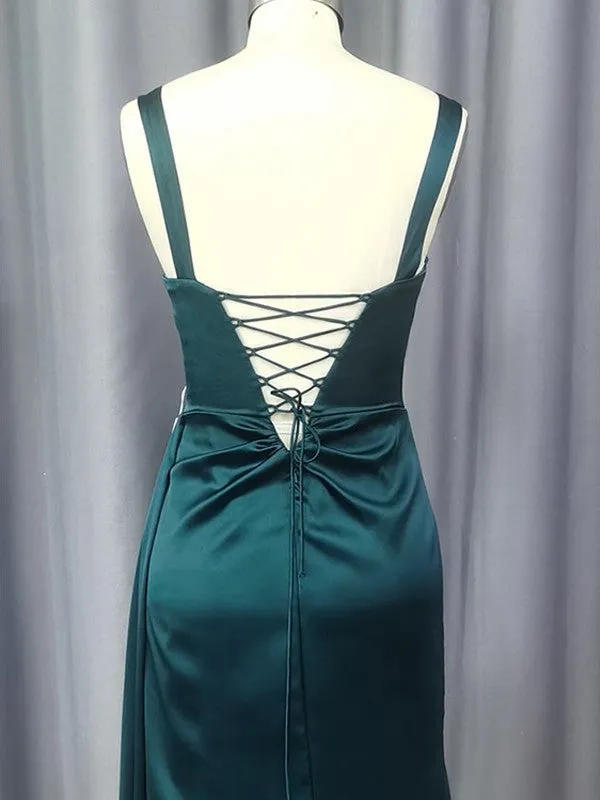 Sheath/Column Silk like Satin Ruched Straps Sleeveless Sweep/Brush Train Dresses
