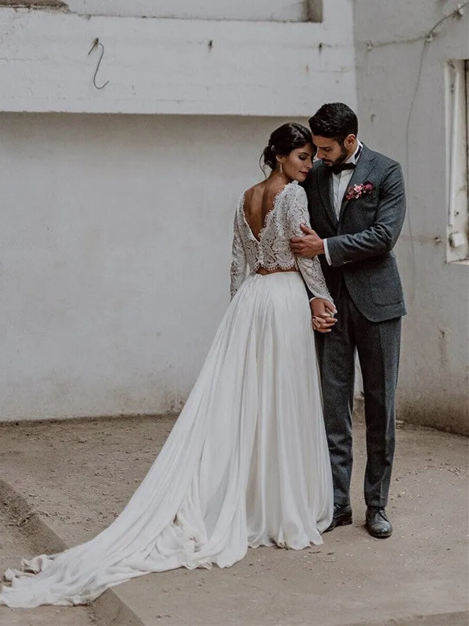 Simple Lace Two-piece Wedding Dresses A-line Summer Gowns WD070