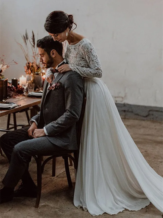 Simple Lace Two-piece Wedding Dresses A-line Summer Gowns WD070